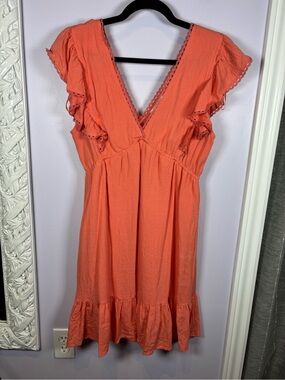 Koy Resort Flutter-Sleeve Coral Flowy Chic Boho Mini Dress with V-Neck Large